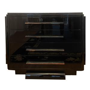 Small Art Deco Chest Of Drawers In Black Lacquer, France, Circa 1930. Art Deco Chest Of Drawers With Four Drawers.
