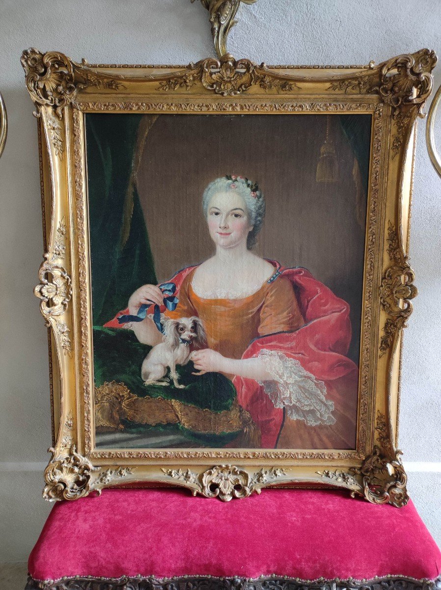 J.c. Fenouil, Important Portrait Of Lady With A Spaniel Louis XV Period-photo-4