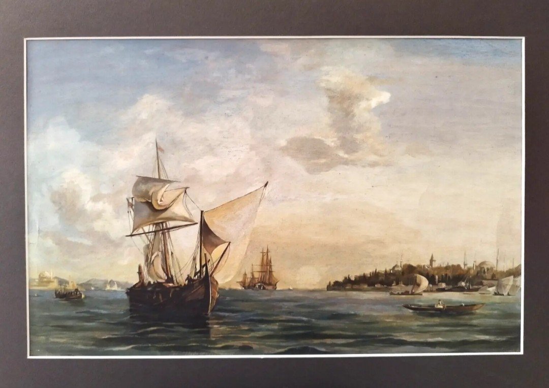Gouache Vers 1830 - 1840, Constantinople vue du détroit du Bosphore.-photo-3