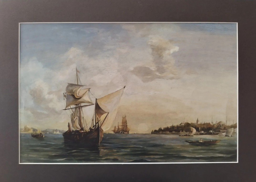 Gouache Vers 1830 - 1840, Constantinople vue du détroit du Bosphore.