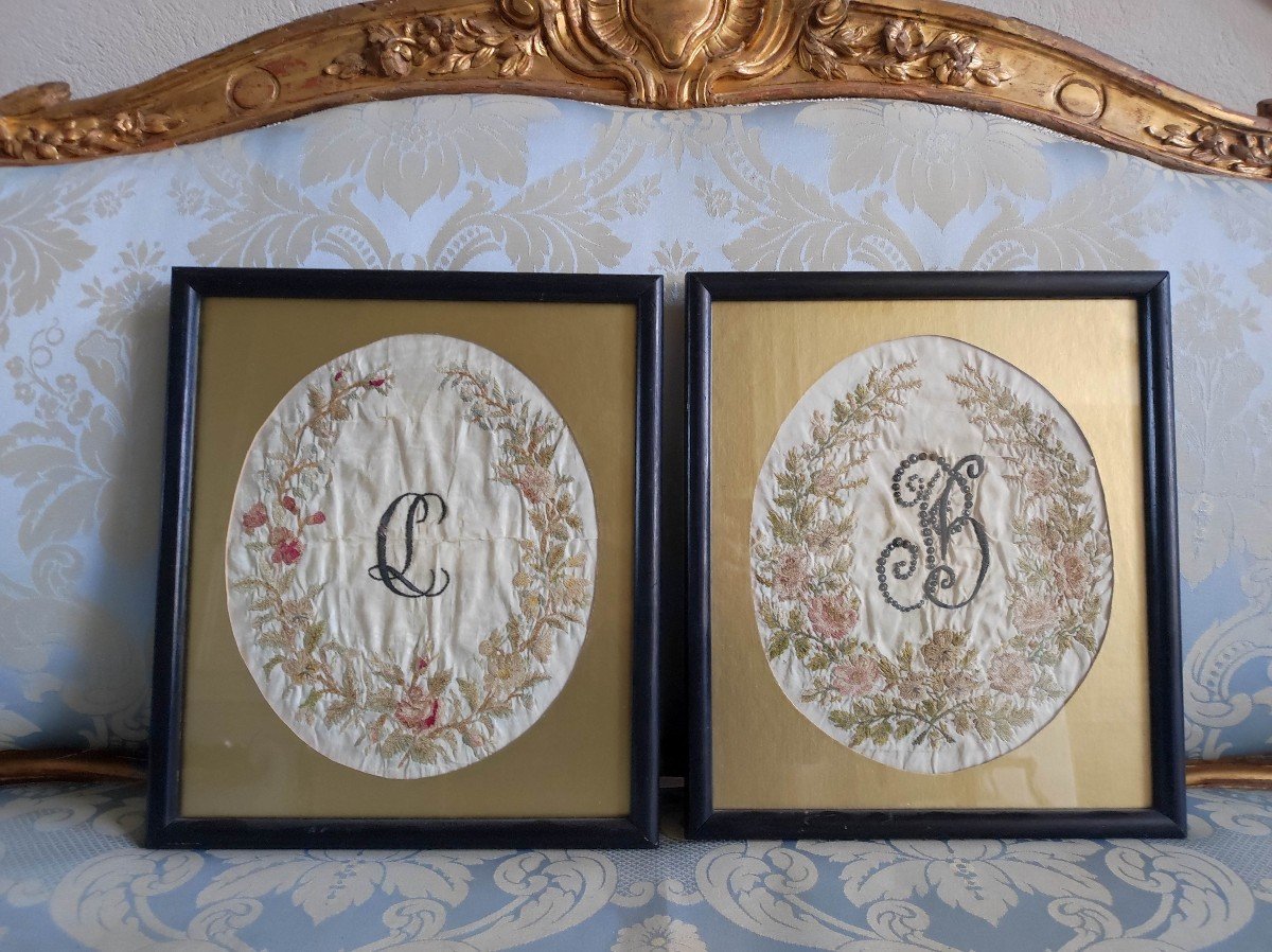 Pair Of Monogrammed Embroideries Late 18th Century