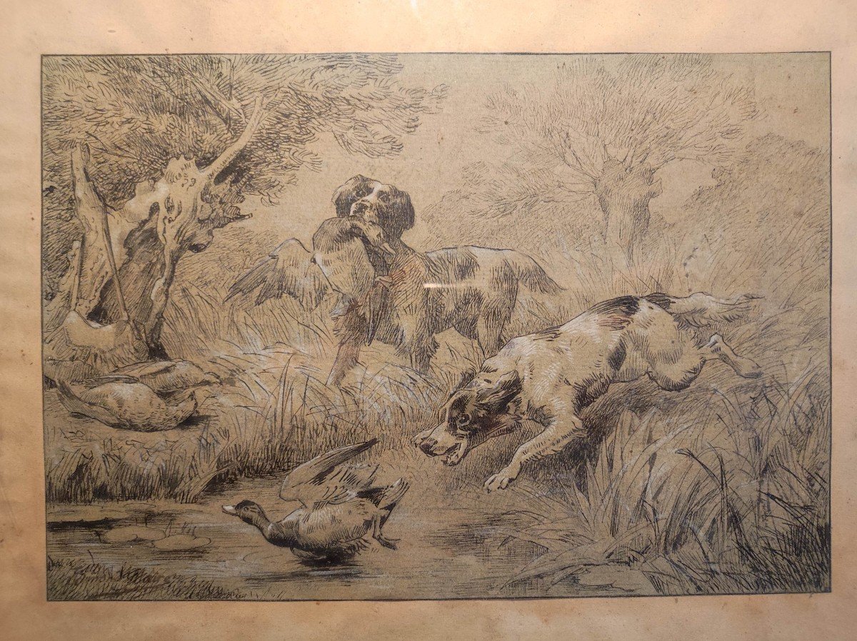 Hunting Drawing, Edmond Maire 19th Century-photo-3