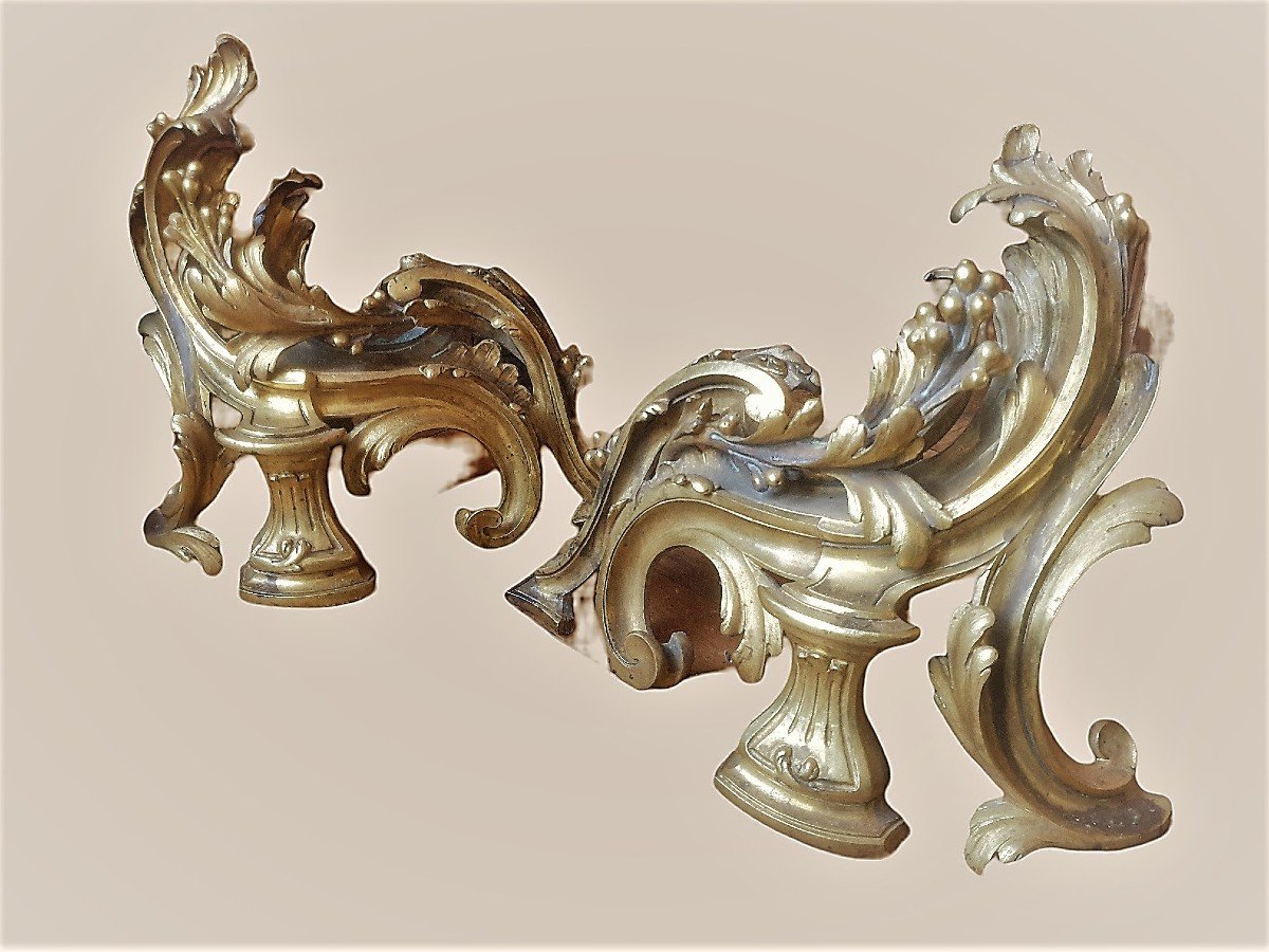 Paire De Chenets En Bronze Doré d'époque Louis XV-photo-2