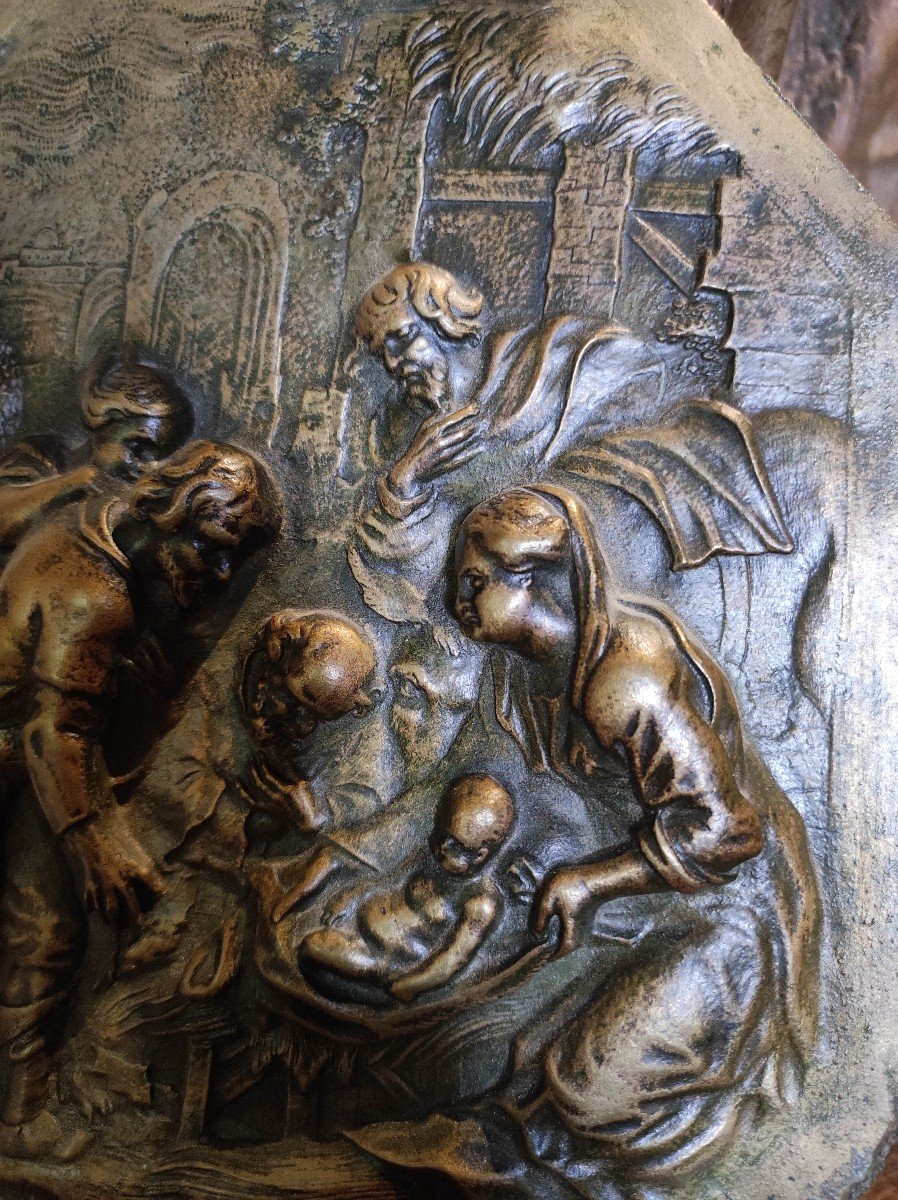 Plaque En Bronze XVIIème Adoration Des Bergers-photo-4