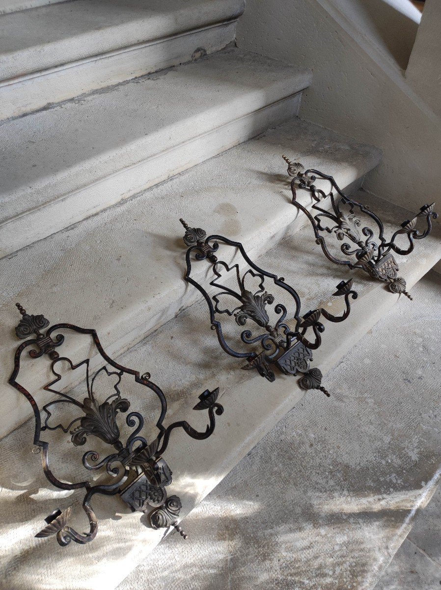 Three Wrought Iron Sconces 18th Century Provençal Style-photo-4