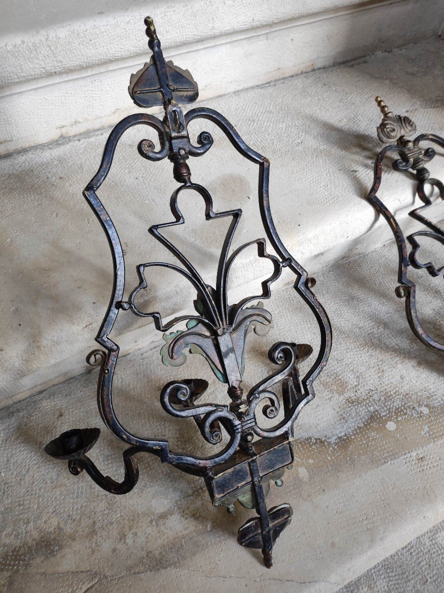 Three Wrought Iron Sconces 18th Century Provençal Style-photo-1