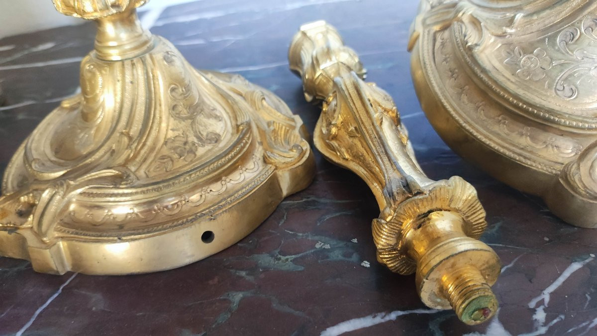 Paire de flambeaux bronze doré d'époque Louis XV-photo-2