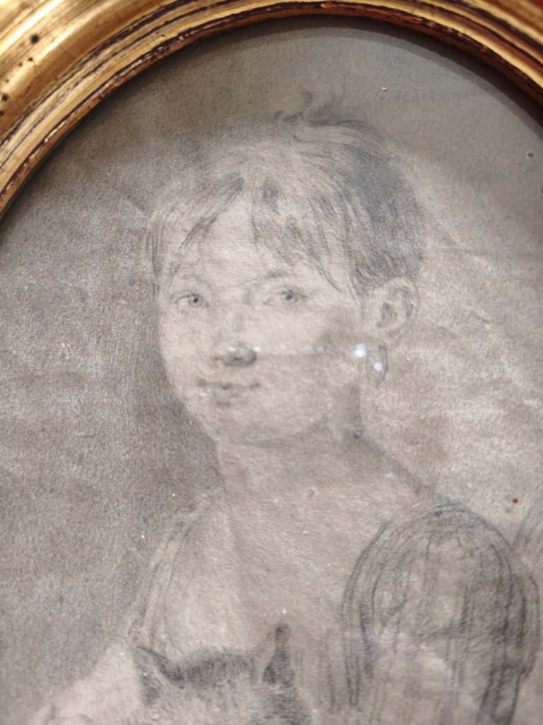 Late 18th-century Portrait Drawing Of A Little Girl With A Cat-photo-3