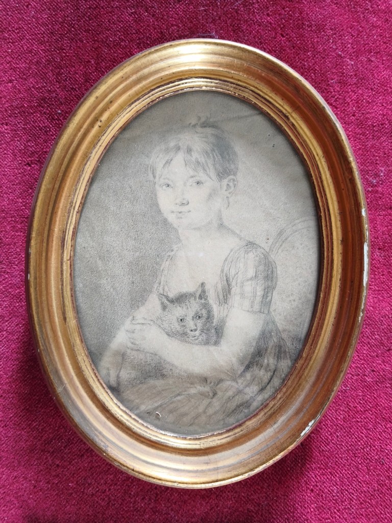 Late 18th-century Portrait Drawing Of A Little Girl With A Cat