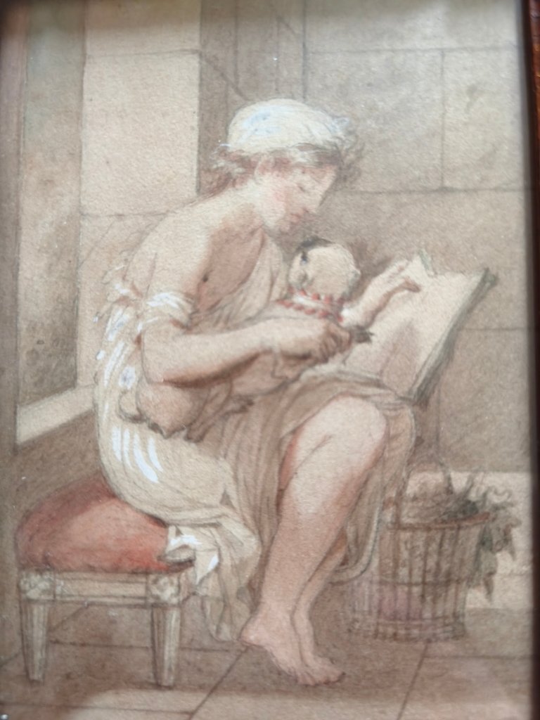 Drawing Of A Young Girl With A Pug, Late 18th Century-photo-3