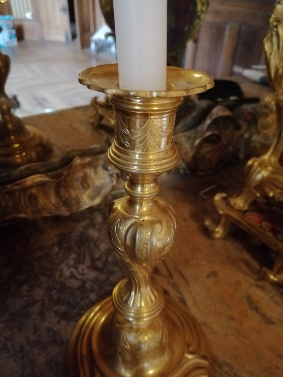 Paire De Bougeoirs En Bronze Doré d'époque Louis XV-photo-2