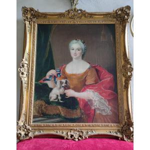 J.C. FENOUIL , important Portrait De Dame à l'épagneul époque Louis XV