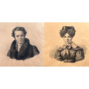 Paire De Dessins Portraits 1826 Restauration