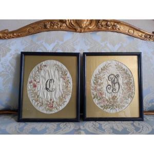 Pair Of Monogrammed Embroideries Late 18th Century
