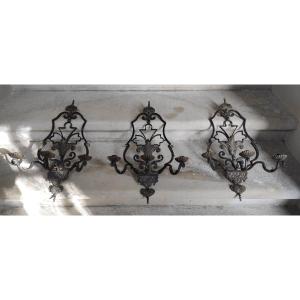 Three Wrought Iron Sconces 18th Century Provençal Style