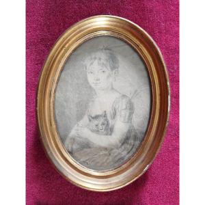 Dessin portrait de petite fille au chat fin XVIIIème