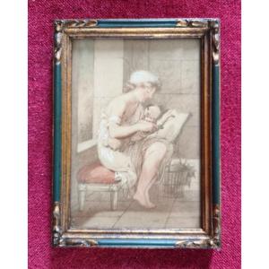 Dessin jeune fille au carlin fin XVIIIème