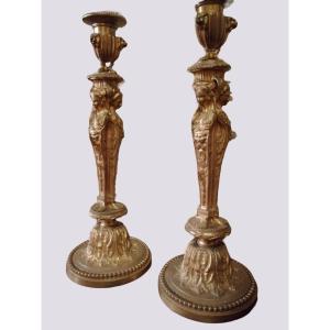 Pair Of Candlesticks In Gilt Bronze After François Rémond