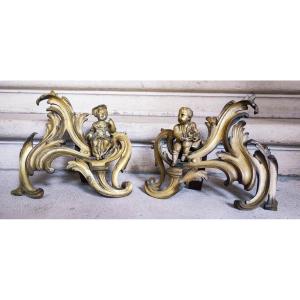 Pair Of Andirons In Gilt Bronze Louis XV Period For Children