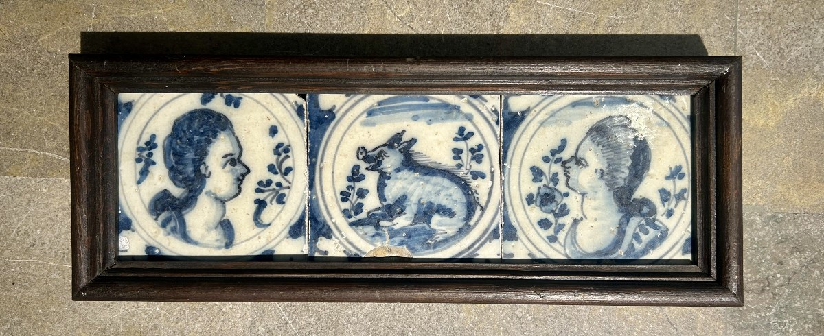 Set Of Three Sevillian Earthenware Tiles, 18th Century.