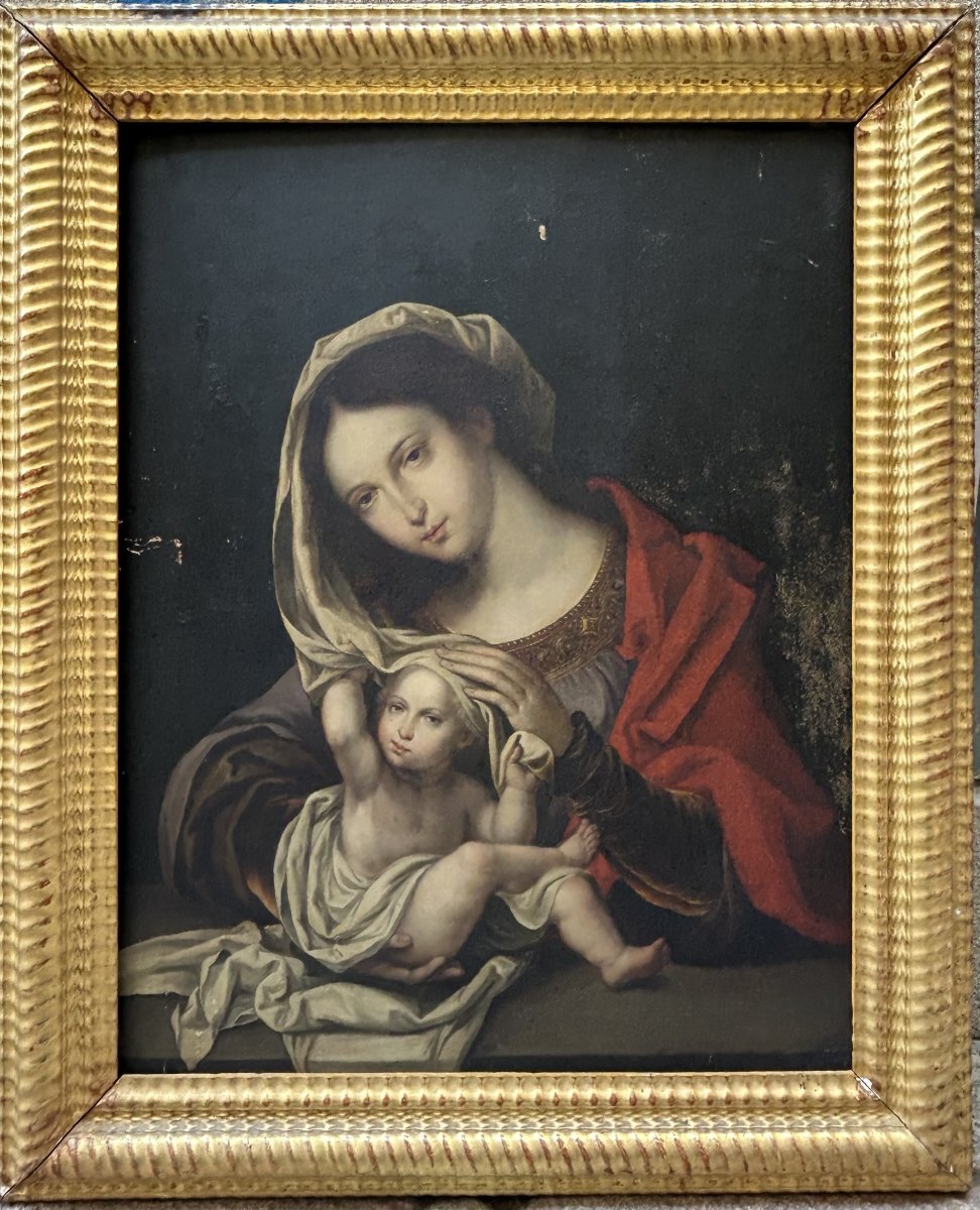 Suiveur de Jan Gossaert, Vierge à l’Enfant jouant avec le voile. Huile sur panneau, XVIe siècle-photo-2