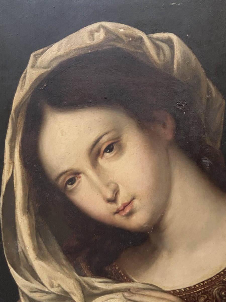Suiveur de Jan Gossaert, Vierge à l’Enfant jouant avec le voile. Huile sur panneau, XVIe siècle-photo-3
