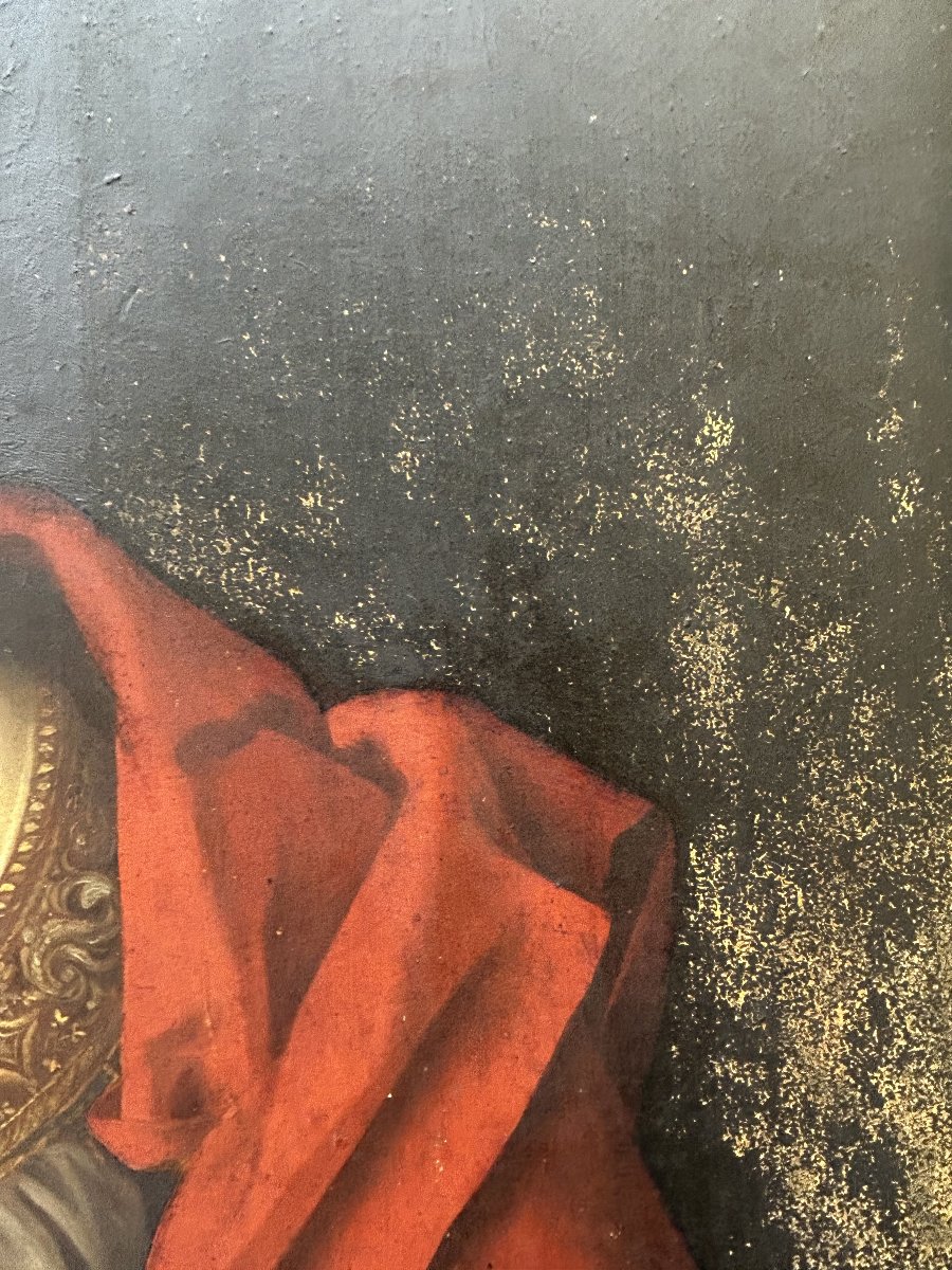 Suiveur de Jan Gossaert, Vierge à l’Enfant jouant avec le voile. Huile sur panneau, XVIe siècle-photo-4