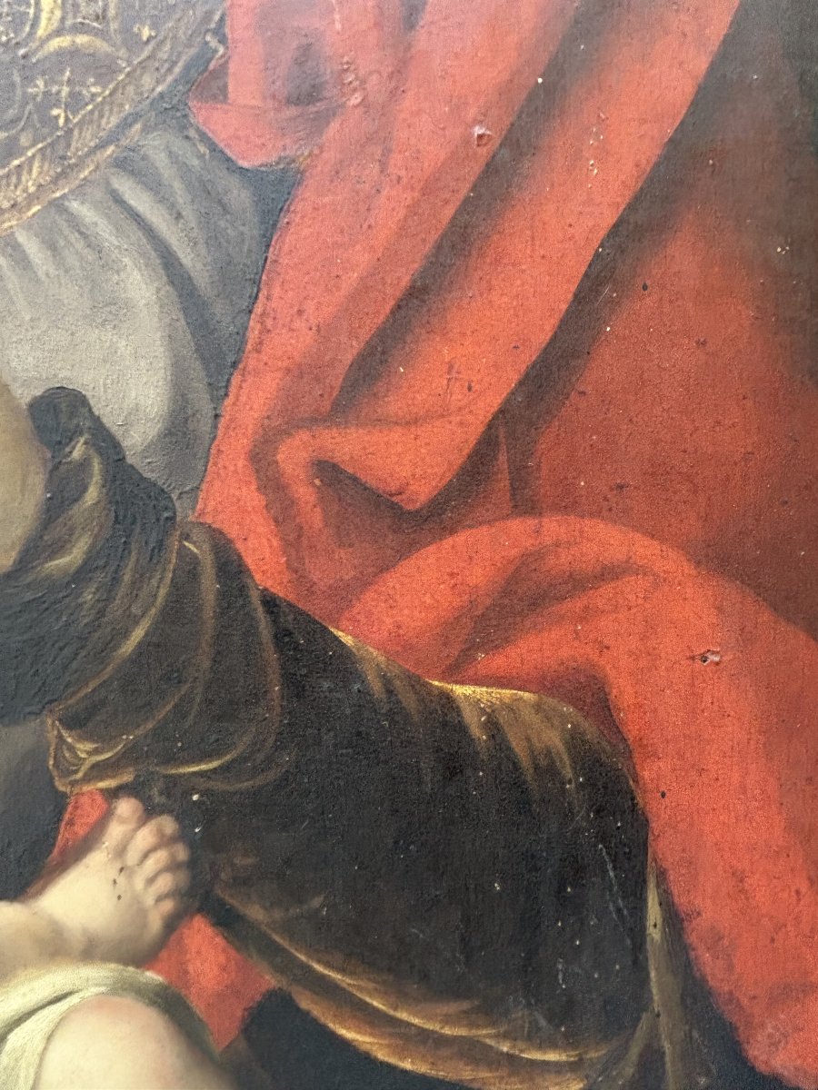 Suiveur de Jan Gossaert, Vierge à l’Enfant jouant avec le voile. Huile sur panneau, XVIe siècle-photo-3