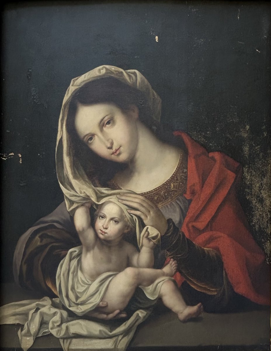 Suiveur de Jan Gossaert, Vierge à l’Enfant jouant avec le voile. Huile sur panneau, XVIe siècle