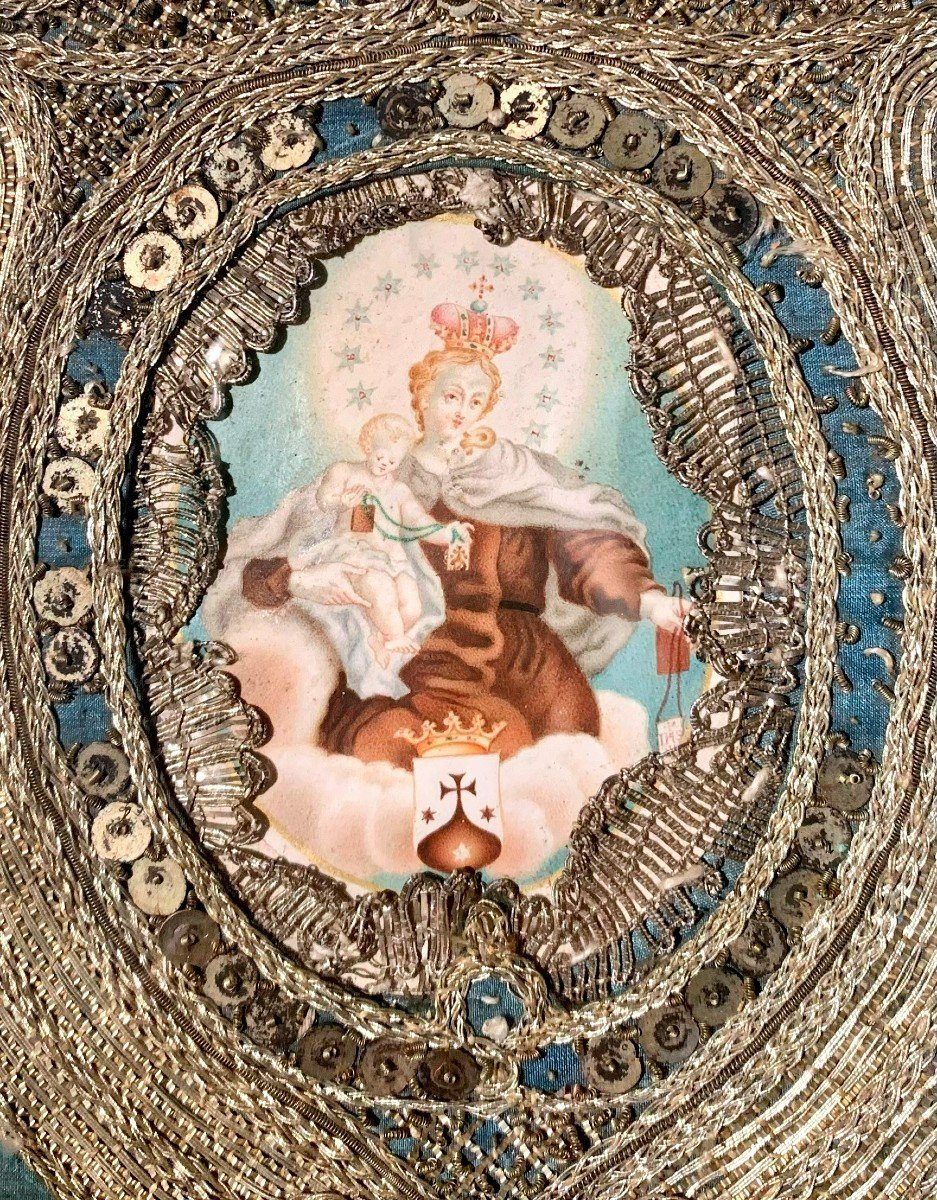 Broderie de métal ou d’argent sur soie. Espagne siècle SXVIII. Lithographie Virgen del Carmen XIXe siècle.-photo-4
