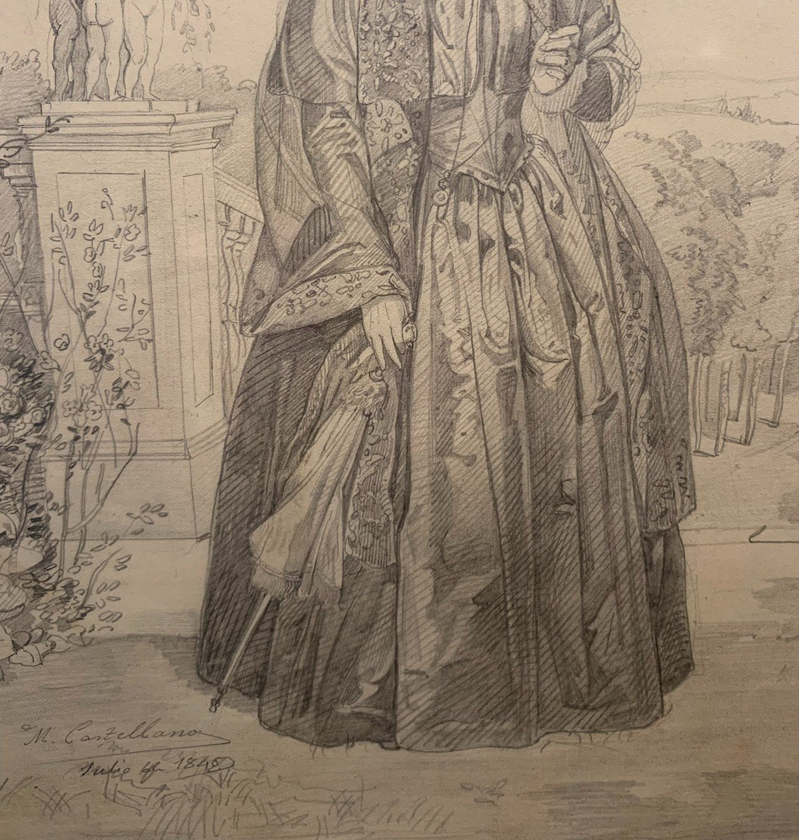 Manuel Castellano (madrid, 1826 - Madrid, 1880).Figure f&eacute;minine dans un jardin , Crayon Sur Papier. -photo-2