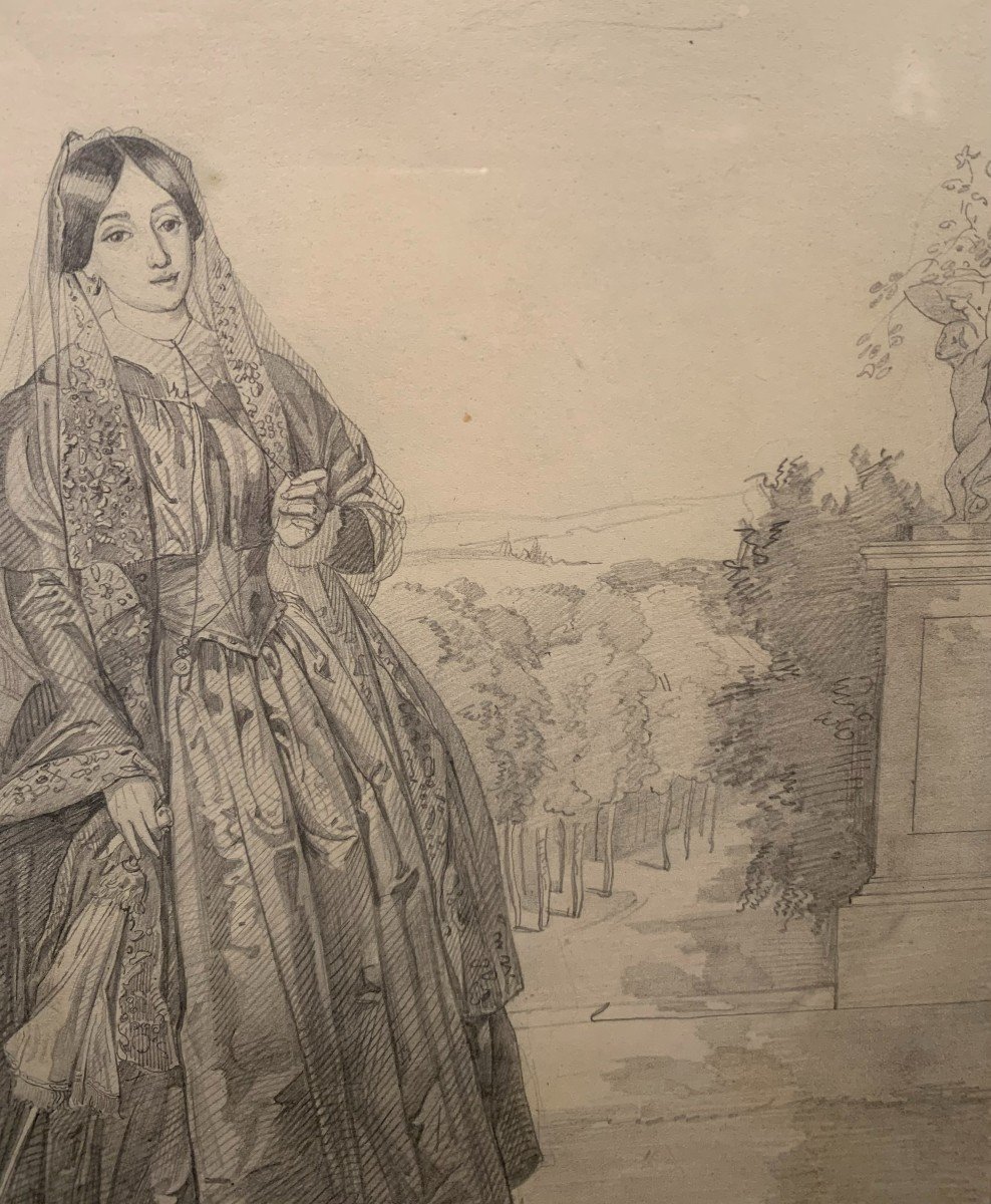 Manuel Castellano (madrid, 1826 - Madrid, 1880).Figure f&eacute;minine dans un jardin , Crayon Sur Papier. -photo-4