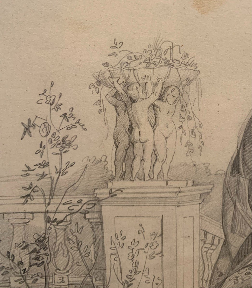 Manuel Castellano (madrid, 1826 - Madrid, 1880).Figure f&eacute;minine dans un jardin , Crayon Sur Papier. -photo-1
