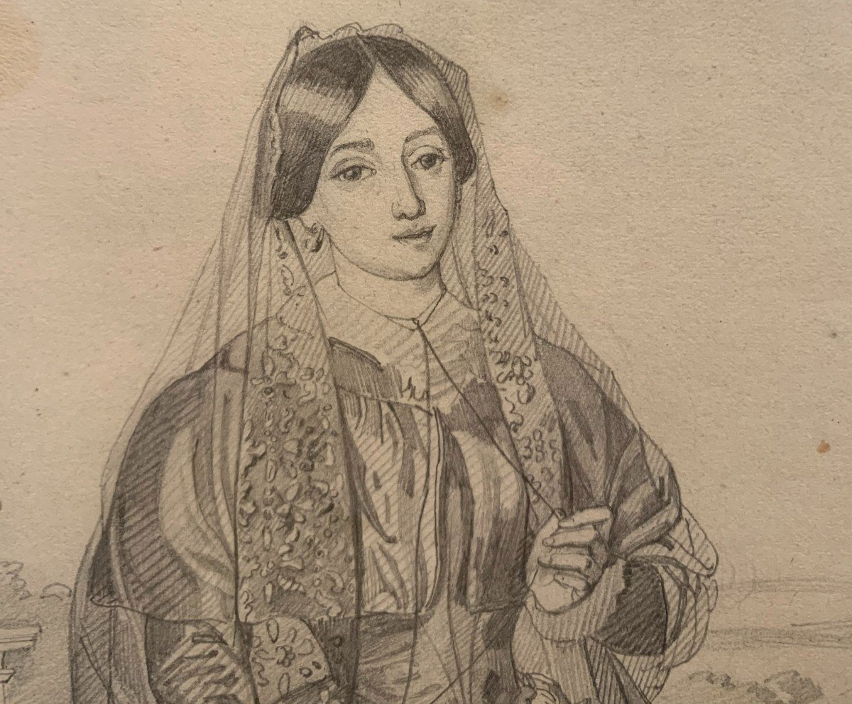 Manuel Castellano (madrid, 1826 - Madrid, 1880).Figure f&eacute;minine dans un jardin , Crayon Sur Papier. -photo-2