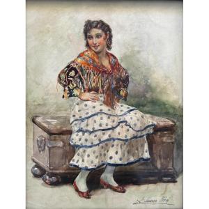 Young Gypsy, Watercolor On Paper, Eduardo Sánchez Solá (madrid, 1869 - Granada, 1949)
