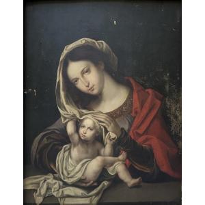 A Follower Of Jan Gossaert, *virgin And Child Playing With A Veil*. Oil On Panel, 16th Century