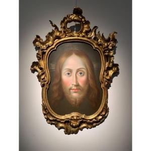 Spanish School. Face Of Christ, Oil On Copper Plate. 18th Century