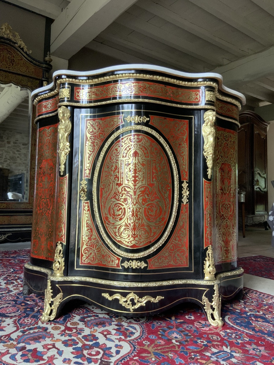 Napoleon III Curved Console Table With Boulle Marquetry On All Sides-photo-2