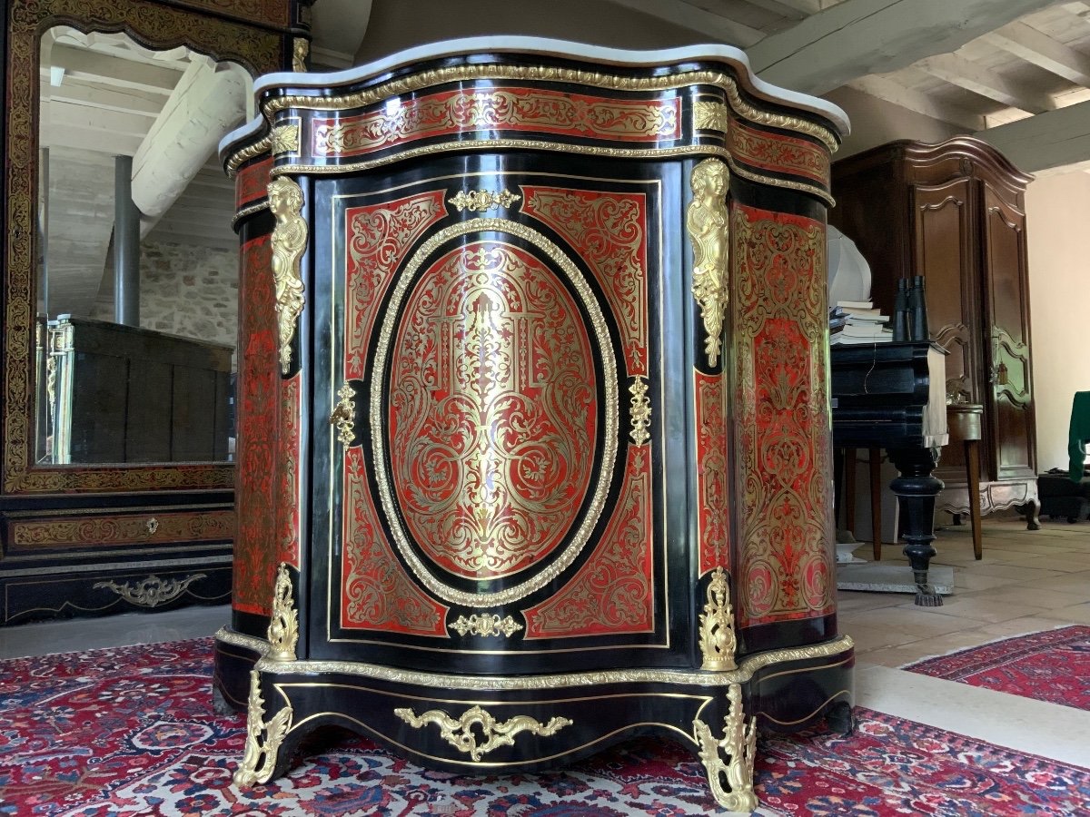 Napoleon III Curved Console Table With Boulle Marquetry On All Sides
