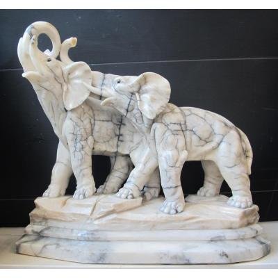Marble Elephants. Signed I. Rochard (1906-1984) Length 57 Cm.