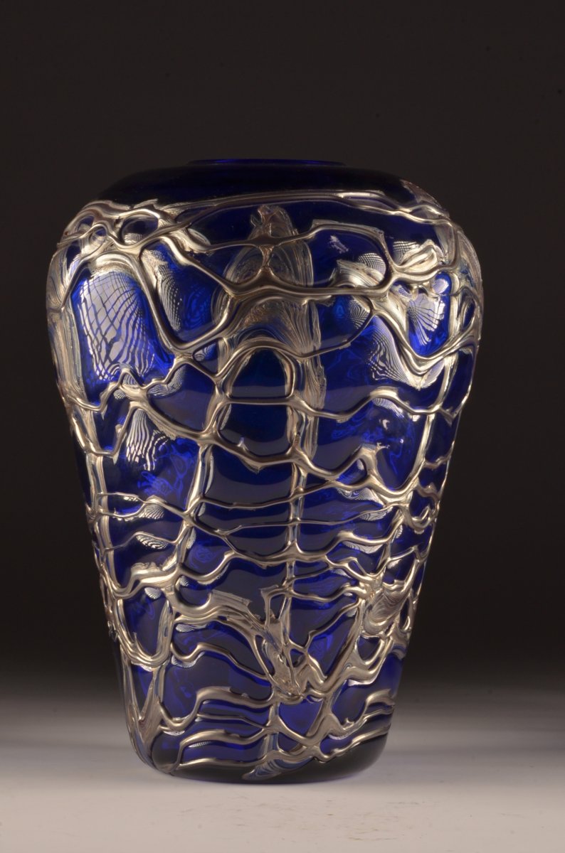 Grand Vase Cristal Bleu Et étain 48 Cm-photo-2
