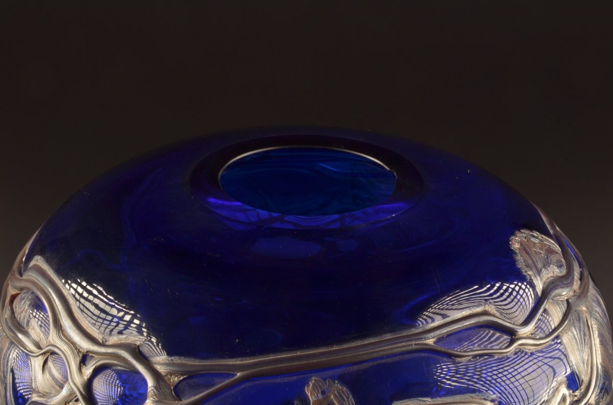 Grand Vase Cristal Bleu Et étain 48 Cm-photo-2