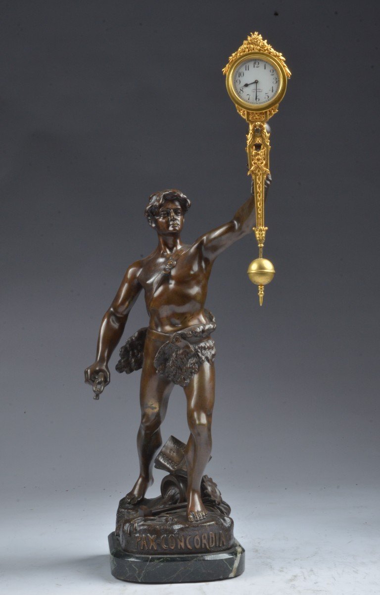 Bronze Pax Concordia Pendulum. Mysterious Henri Fugere