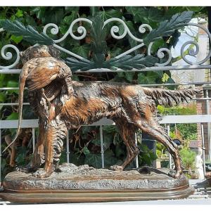 Bronze Dog And Patridge.  Signed J. Mogniez. 