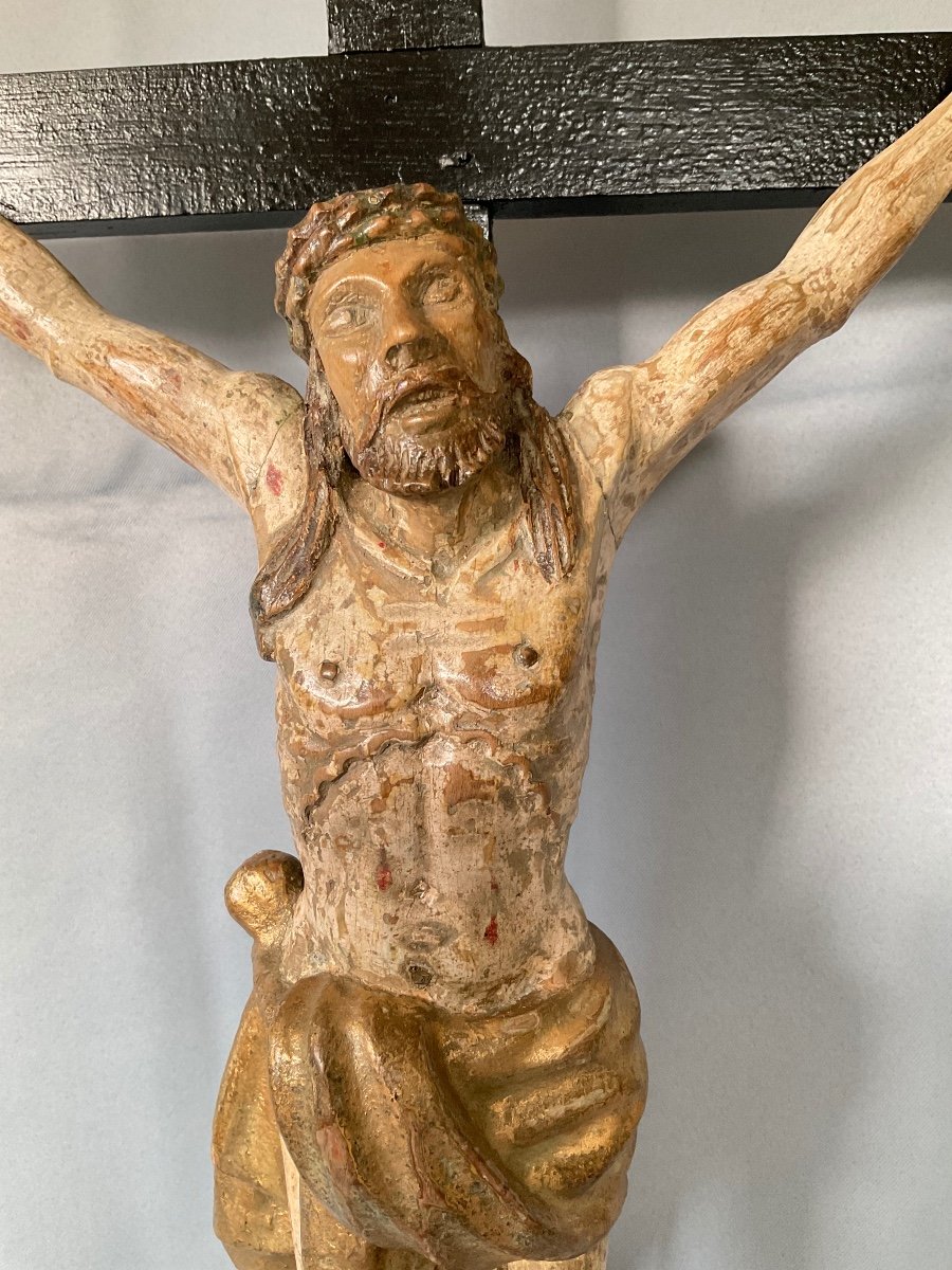 Large Christ In Polychrome Carved Wood 18th Century -photo-3