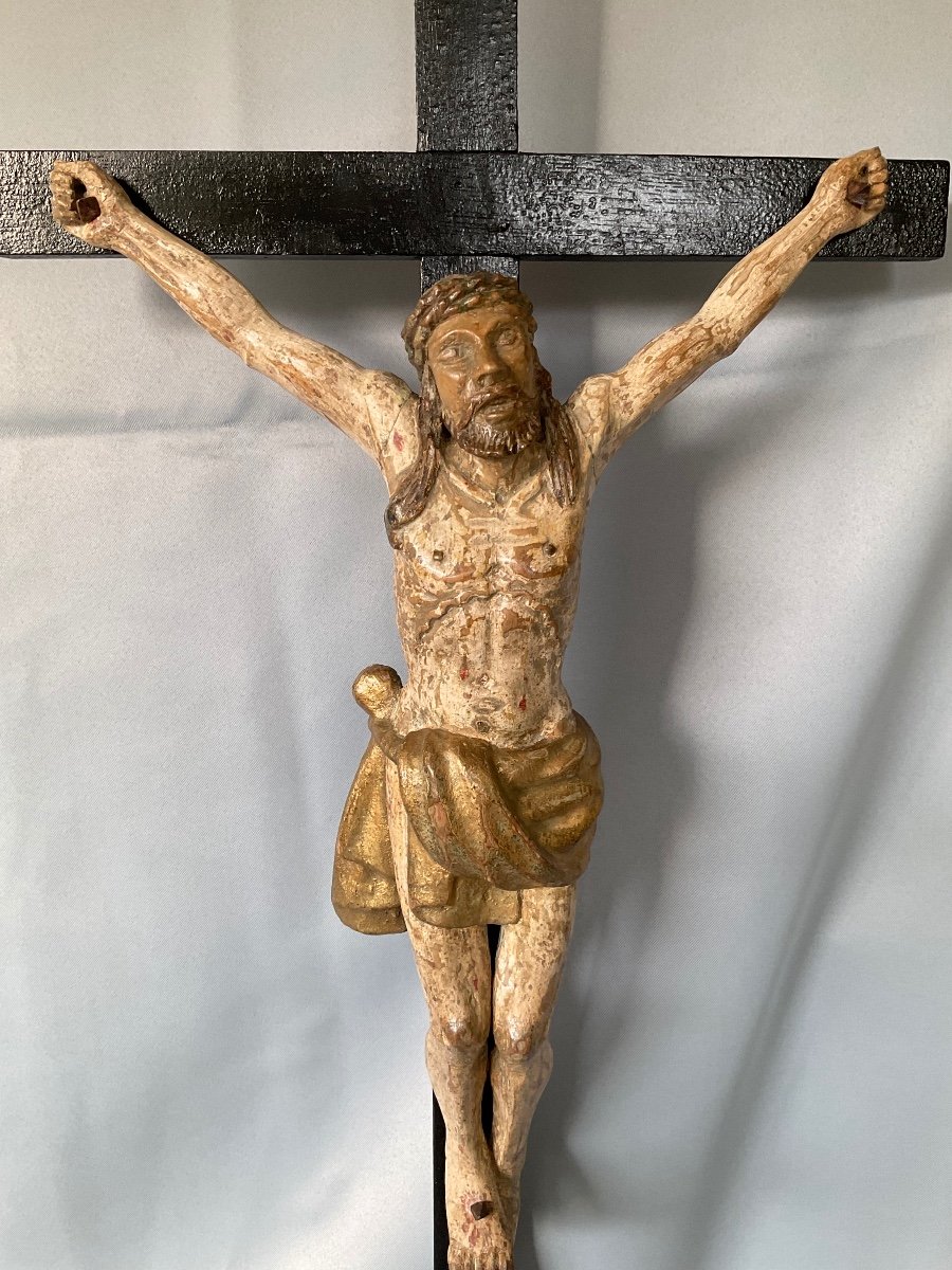 Large Christ In Polychrome Carved Wood 18th Century -photo-4