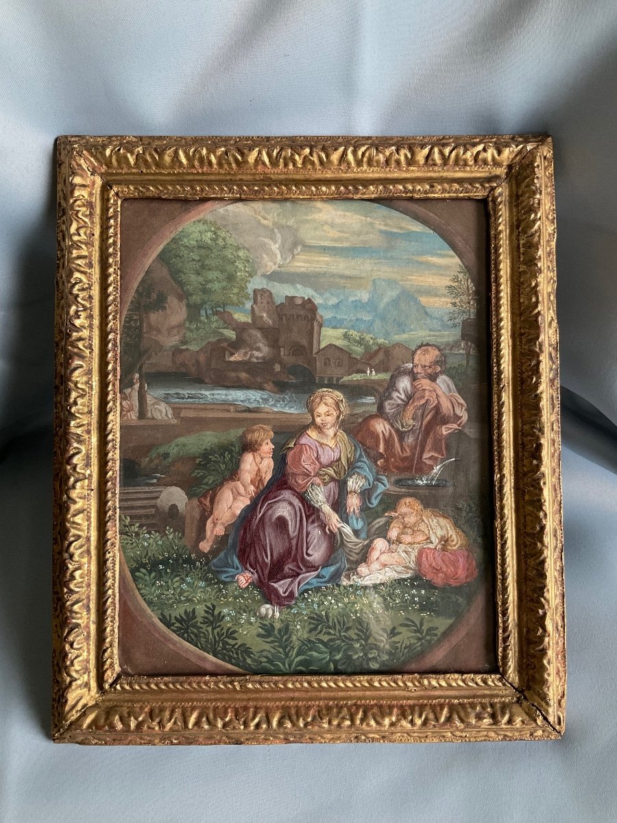 Gouache Bucolique < Personnages Dans Un Médaillon > 18éme Siecle