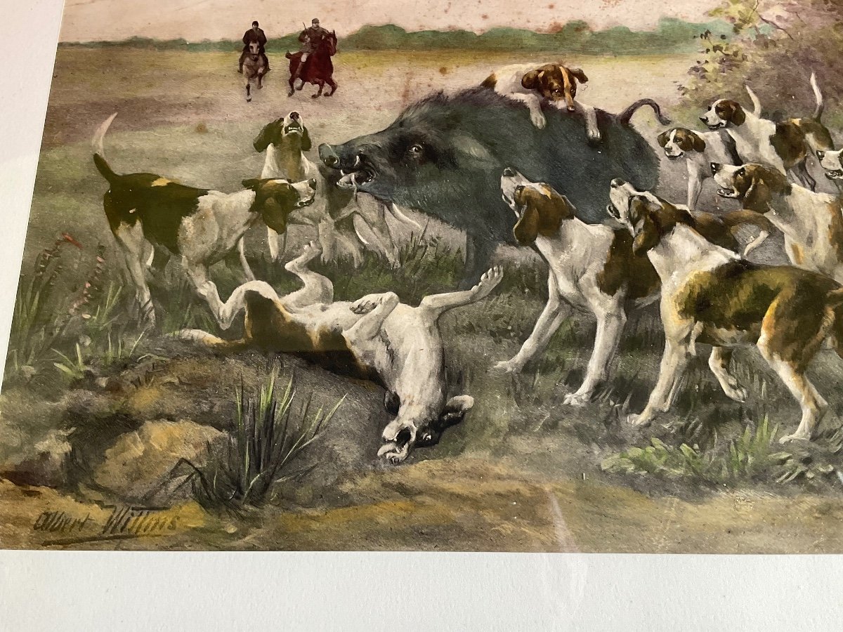 Aquarelle Originale Scène De Chasse < ALBERT  WILLMS >  époque 19éme Siècle -photo-1