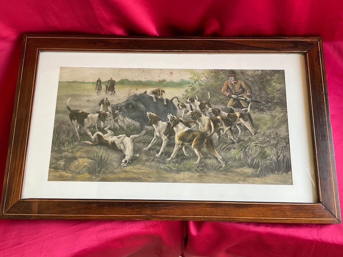 Aquarelle Originale Scène De Chasse < ALBERT  WILLMS >  époque 19éme Siècle -photo-5