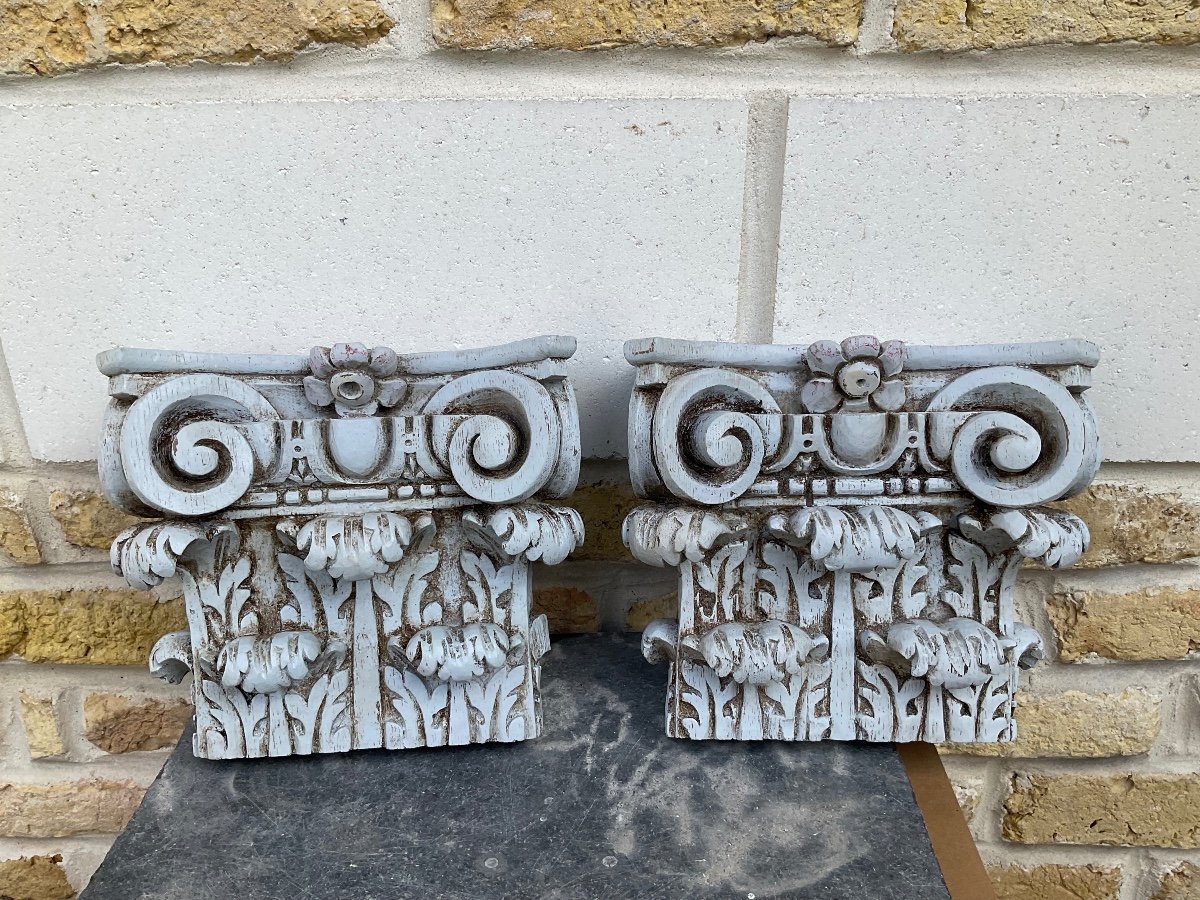 Pair Of Carved Wooden Capitals 19th Century -photo-2